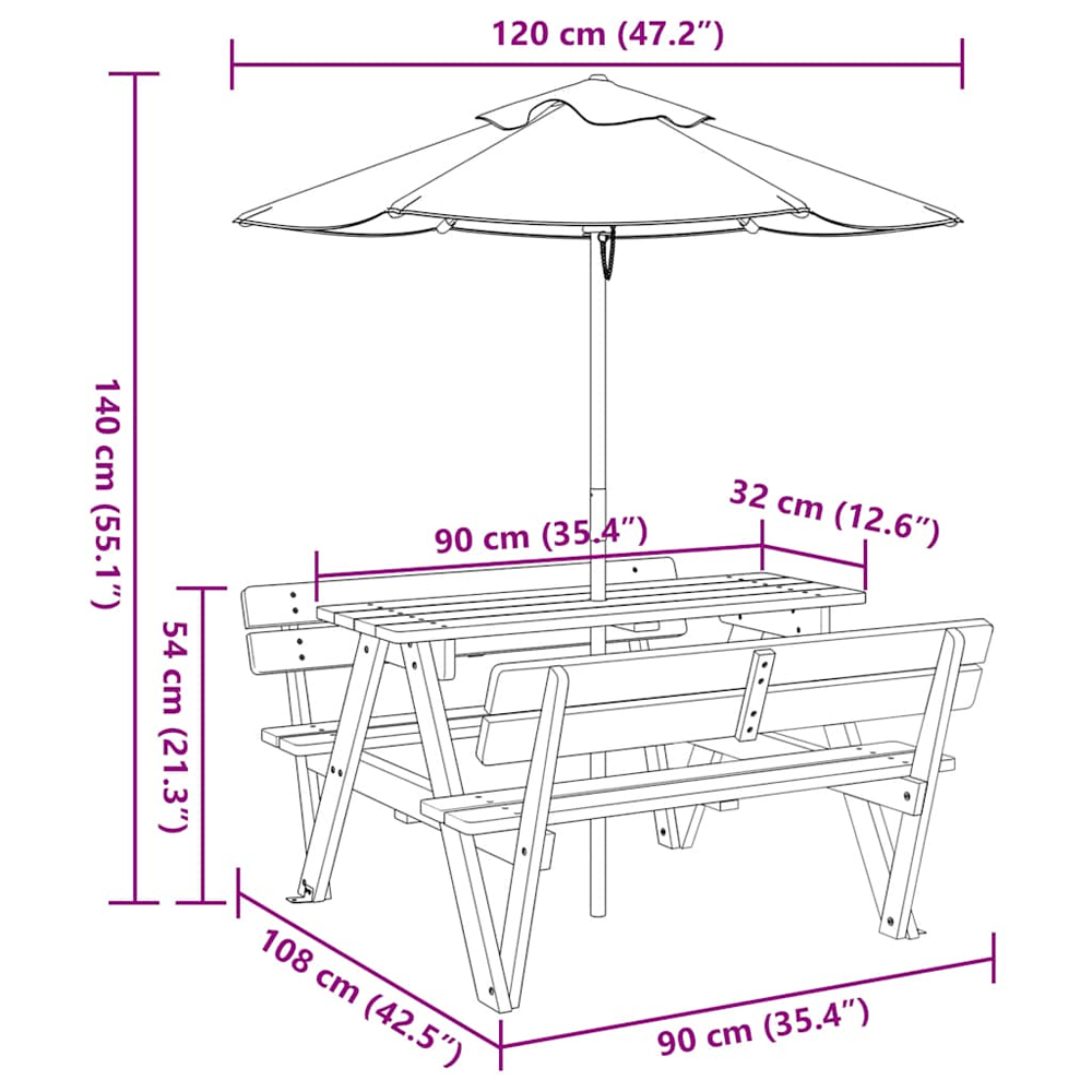 Zivelo Outdoor Solid Wood Picnic Table Set with Multicolour Umbrella in Natural
