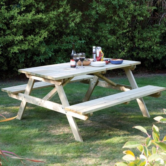 Product photograph of Zox Wooden 6 Seater Picnic Dining Set In Natural Timber from Furniture in Fashion