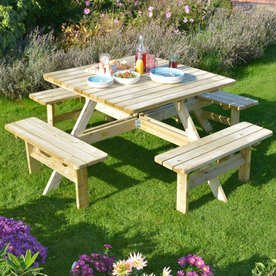 Read more about Zox square wooden 8 seater picnic dining set in natural timber