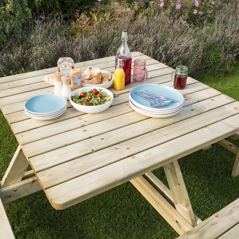 Zox Wooden Garden Square 8 Seater Picnic Table In Natural