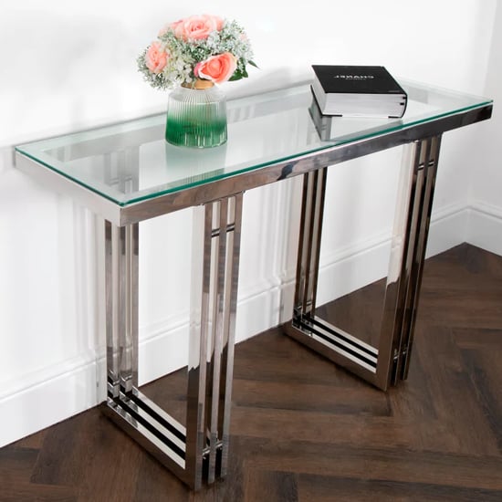 Product photograph of Zurich Clear Glass Console Table With Silver Metal Frame from Furniture in Fashion