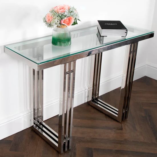 Read more about Zurich clear glass console table with silver metal frame