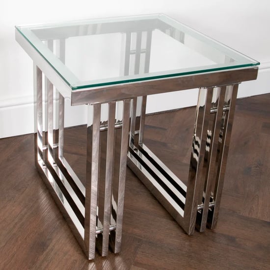 Product photograph of Zurich Clear Glass Side Table With Silver Metal Frame from Furniture in Fashion