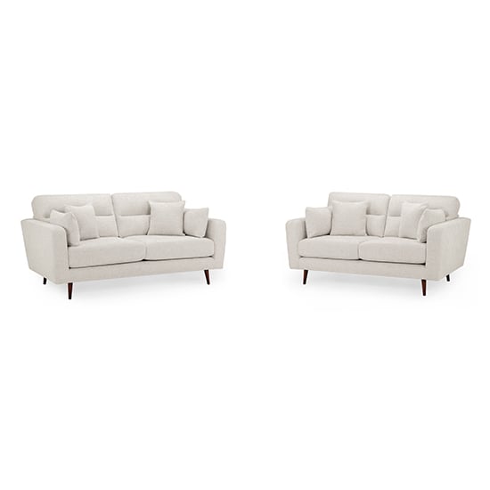 Zurich Fabric 3+2 Seater Sofa Set In Beige With Brown Wooden Legs