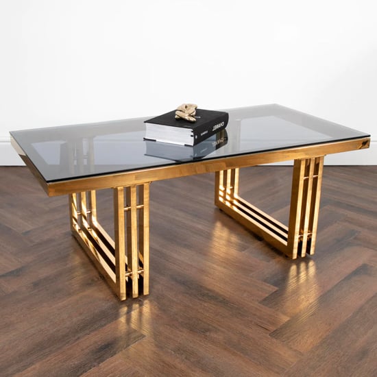 Product photograph of Zurich Smoked Glass Coffee Table With Gold Metal Frame from Furniture in Fashion