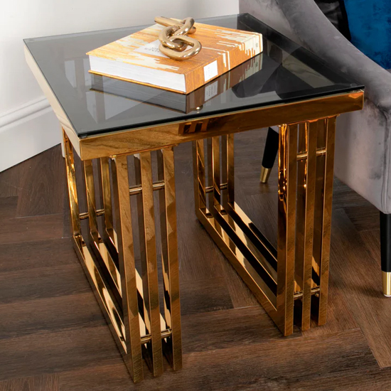 Product photograph of Zurich Smoked Glass Side Table With Gold Metal Frame from Furniture in Fashion