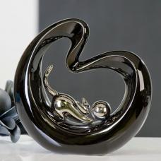 Playing Cat Sculpture In Black With Silver Cat And Ball - UK