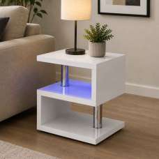 Aston High Gloss Side Table In White with LED - UK