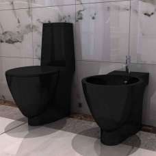 Adel Black Close Coupled Toilet And Bidet With Vertical Outlet - Soft Close Seat - UK