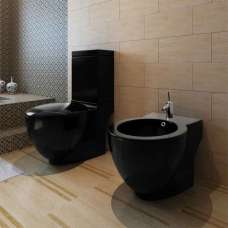 Adel Black Close Coupled Toilet And Bidet With Horizontal Outlet - Soft Close Seat - UK