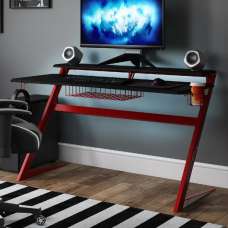 Adrian Metal Gaming Desk With Carbon Fibre Effect And Red Legs - UK