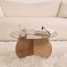 Aerio Fume Tempered Glass Coffee Table with Sapphire Oak Wooden Base - UK