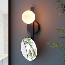 Afton Opal Glass Shade Bathroom Wall Light With Mirror In Black - UK