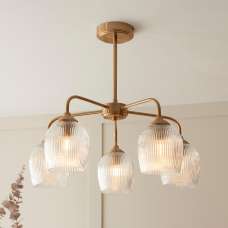 Aiken 5 Light Ribbed Glass Ceiling Light In Brushed Aged Brass - UK