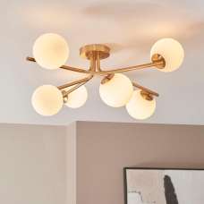 Aiken Glass 6 Light Pendent Ceiling Light In Brushed Aged Brass - UK