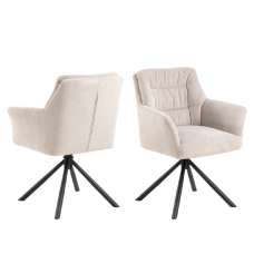 Akron Cream Fabric Swivel Dining Chairs With Black Legs In Pair - UK