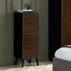Akron Wooden Chest Of 5 Drawers Narrow In Walnut And Black - UK
