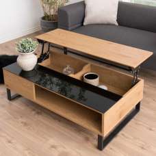 Allegan Wooden Lift Up Coffee Table With Black Glass In Wild Oak - UK