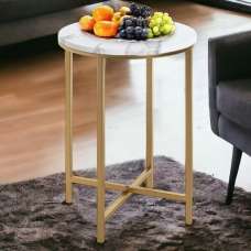 Allerton Small Wooden Round End Table In White Marble Effect - UK