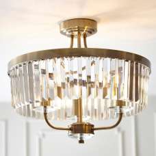 Allston Faceted Glass Semi Flush Ceiling Light In Antique Brass - UK