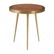 Almory Round Wooden Side Table In Natural And Gold - UK