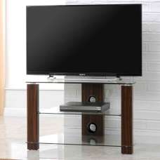 Alpine 800mm Wooden Corner TV Stand With 2 Glass Shelves - Walnut - UK