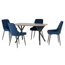 Alsip Oak Wooden Dining Table With 4 Blue Velvet Chairs - UK