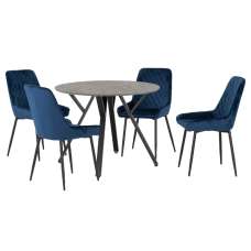 Alsip Round Concrete Dining Table With 4 Avah Blue Chairs - UK
