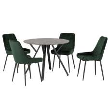 Alsip Round Concrete Dining Table With 4 Avah Green Chairs - UK