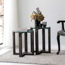 Amalfi Tempered Glass Top Nesting Side Tables with Anthracite Pine Wood Base - UK