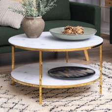 Arcata Glass Round Coffee Table With Shelf In White Marble Effect - UK
