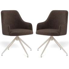 Arden Fabric Swivel Dining Chairs With Grey Legs in Pair - Brown - UK
