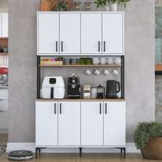 Arlivo Wooden Coffee Station Cabinets with 8 Doors 1 Walnut Shelf in White - UK