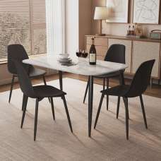 Arta Gloss White Rectangular Sintered Stone Dining Table with 4 Black Plastic Chairs - UK