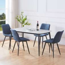 Arta Gloss White Rectangular Sintered Stone Dining Table with 4 Blue Diamond Stitch Fabric Chairs - UK