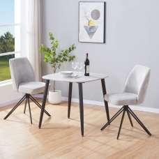 Arta Grey Oak Square Wooden Dining Table with 2 Swivel Light Grey Fabric Chairs - UK