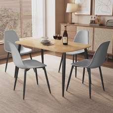 Arta Oak Rectangular Wooden Dining Table with 4 Grey Plastic Chairs - UK