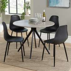 Arta Round Grey Wooden Dining Table 4 Duo Plastic Black Chairs - UK