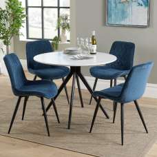 Arta Round White Wooden Dining Table 4 Blue Diamond Chairs - UK