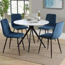 Arta Round White Wooden Dining Table 4 Blue Straight Chairs - UK