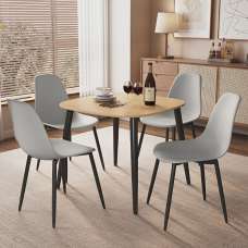 Arta Square Oak Wooden Dining Table with 4 Light Grey Plastic Chairs - UK