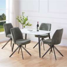Arta White Rectangular Wooden Dining Table with 4 Swivel Green Fabric Chairs - UK