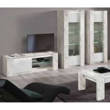 Attoria High Gloss Living Room Set With Display Cabinet In White Marble Effect And LED - UK