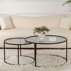 Aureo Large Grey Tempered Glass Nest Of 2 Coffee Tables with Black Metal Frame - UK