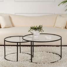 Aureo Large Clear Tempered Glass Nest Of 2 Coffee Tables with Black Metal Frame - UK
