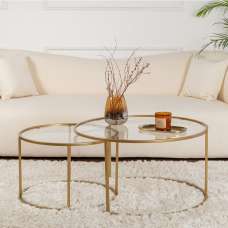 Aureo Large Clear Tempered Glass Nest Of 2 Coffee Tables with Gold Metal Frame - UK