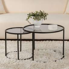 Aureo Small Grey Tempered Glass Nest Of 2 Coffee Tables with Black Metal Frame - UK