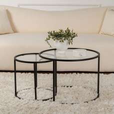 Aureo Small Clear Tempered Glass Nest Of 2 Coffee Tables with Black Metal Frame - UK