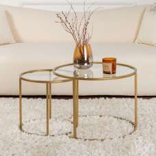 Aureo Small Clear Tempered Glass Nest Of 2 Coffee Tables with Gold Metal Frame - UK