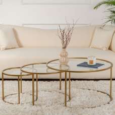 Aureo Clear Tempered Glass Nest Of 3 Coffee Tables with Gold Metal Frame - UK